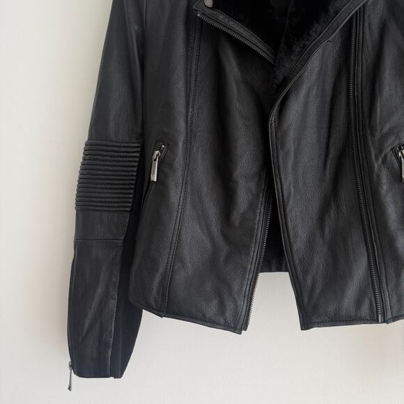 BCBG Maxazria Leather Bomber Jacket Womens Medium Black Moto NO ZIPPER Faux Fur - Picture 7 of 13